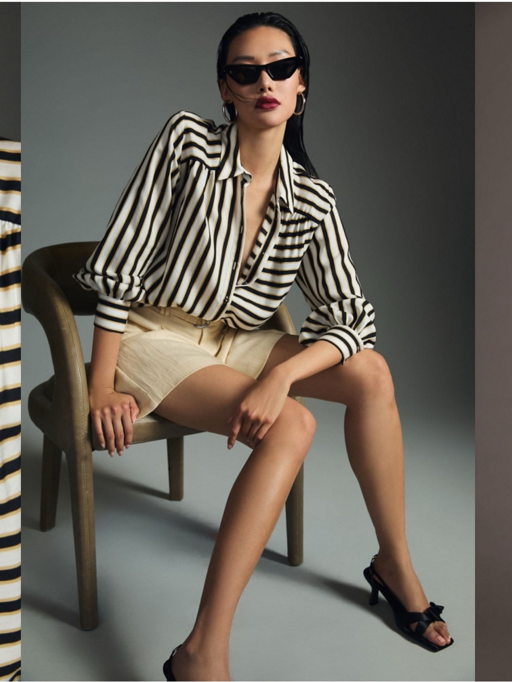 Anthropologie Maeve Silky Striped Button Down Blouse Black/Cream/Gold